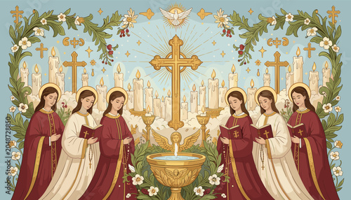 Foto A solemn religious ceremony with angelic figures, a golden cross, and a baptismal font, set against a backdrop of candles and floral garlands