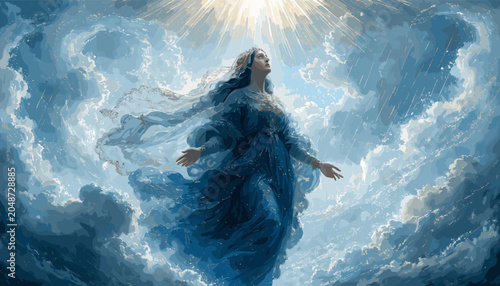 Fotografie A celestial woman in a flowing blue gown ascends into a radiant sky filled with ethereal clouds and divine light