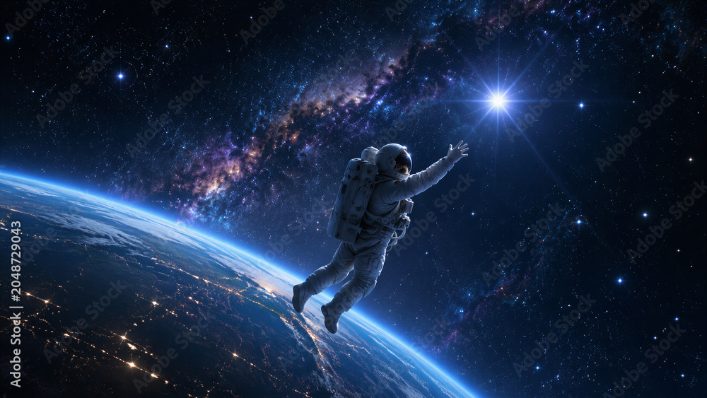 Fototapeta premium Astronaut floating above earth reaching toward star in space