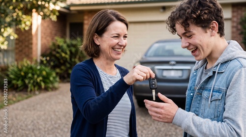 Woman handing car keys to smiling teenager in front of house
