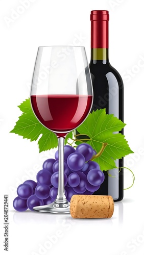 Glass of red wine with grapes and bottle on table.