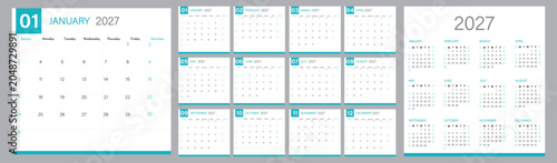 2027 calendar template clipart set | 12 months calendar in minimal layout clip art collection including monthly pages, dates, and weekly planning sections vector illustration.
