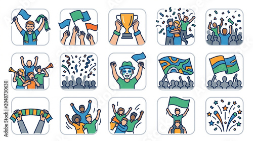 Foto Sports Fans Celebrating Victory With Flags and Trophies.