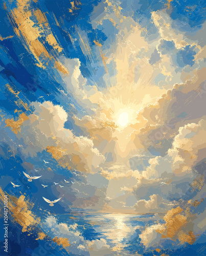 A breathtaking celestial landscape painting of a sun-drenched sky filled with dramatic clouds and a flock of birds soaring over a tranquil ocean.