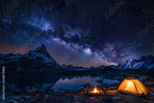 Starry Night Mountain Lake with Milky Way and Glowing Campfire Landscape