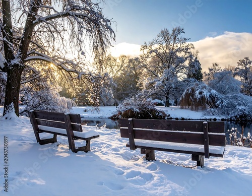 Snow covered wooden bench in winter forest.