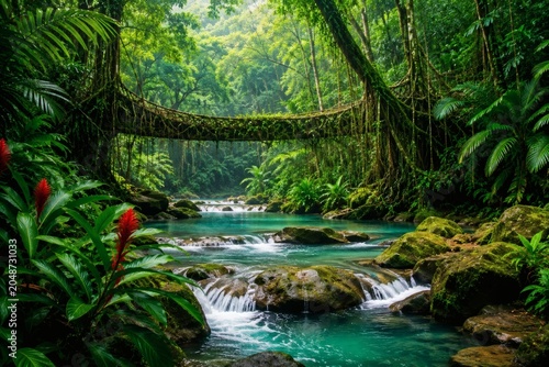Lush Tropical Forest River with Natural Root Bridge and Emerald Jungle Waterfall