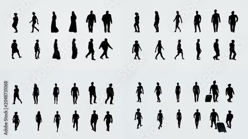 Walking people silhouette atlas for green screen compositing with chromakey background and 3d animated cartoon animation style. Multiple pedestrian motion references for editing scenes transitions.