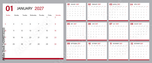 Calendar 2027 template modern vector design | Monthly planner calendar with 12-month organized grid | 2027 calendar diagram with red footer and red, black text for wall, desk, web, office