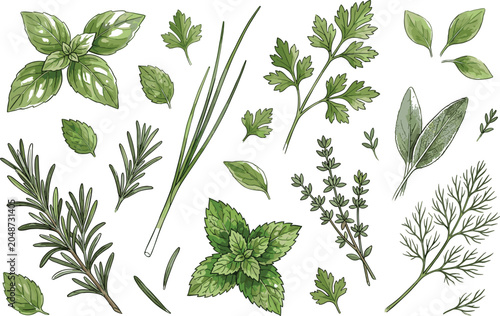 Bild auf Leinwand Hand drawn watercolor vector illustration of fresh garden herbs set including ba
