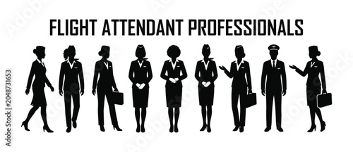 Black silhouettes of flight attendants and pilot in uniforms