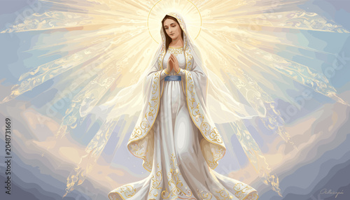 Photos A divine depiction of the Virgin Mary bathed in radiant golden light, with her hands clasped in prayer, set against a backdrop of ethereal clouds