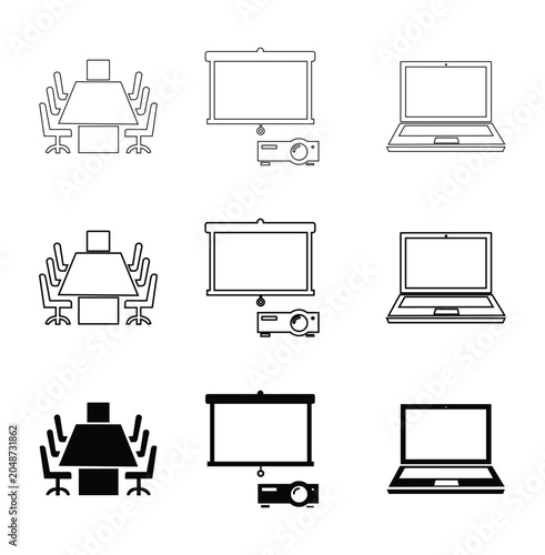 Corporate conference room and business presentation outline icon set