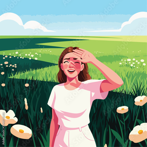 Woman shielding eyes in a sunlit field of flowers