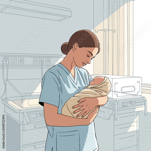 Nurse lovingly holds newborn baby in hospital room