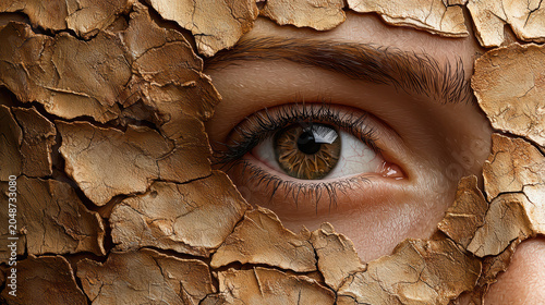 A captivating eye gazes through a shattered, earthy texture, creating a striking contrast between the fragility of skin and the ruggedness of the earth's surface.