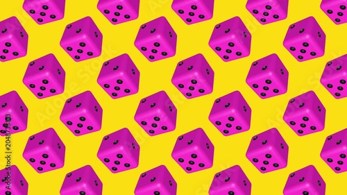 Pink dice pattern on yellow background, animated casino and game backdrop for gambling, banner, wallpaper, textile and social media design, seamless style 3D animation