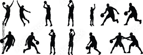 Foto Set of basketball player silhouettes with active poses including dribbling shoot