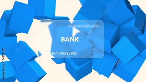 Horizontal glassmorphism bank card template with blue 3D cubes, frosted transparent card, finance and payment concept, minimal business background, modern layout, banking promo, 3D animation