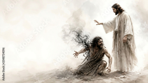 Jesus cast out demons from a possessed man. Biblical scene concept. Artistic minimalist art with copy space.