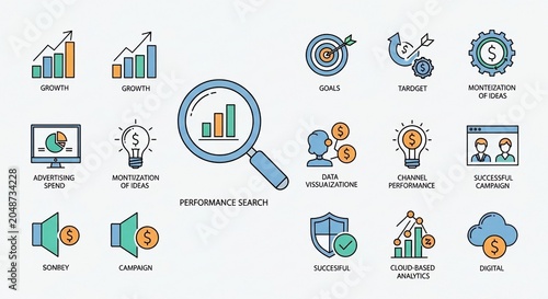 Business icons, performance search, marketing symbols, 16 finance and growth graphics