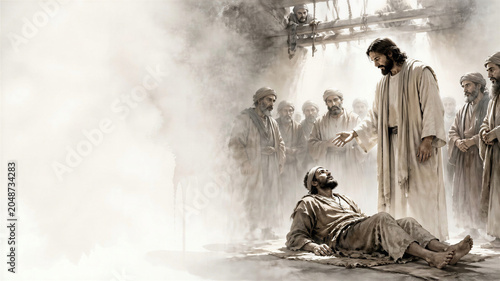 Jesus heals a paralyzed man at Capernaum. Biblical scene concept. Artistic minimalist art with copy space.