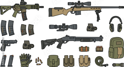 Foto Tactical Firearm Set Featuring Assault Rifle Sniper Rifle Shotgun Handgun Ammuni