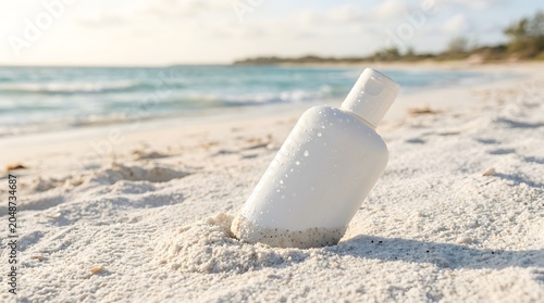 Sunscreen Bottle with Water Droplets on Sandy Beach Near Ocean Waves