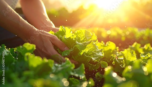 Farmer harvesting fresh lettuce in a sunlit field during golden hour.