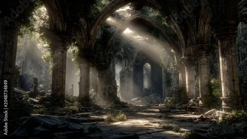 Fantasy wallpaper. Temple. A detailed, atmospheric portrayal of a ruined gothic cathedral. The main subject is a series of tall, arched stone pillars with intricate carvings and a weathered texture.