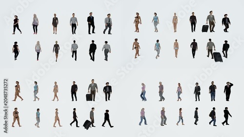 Walking character atlas for green screen compositing with chromakey background and 3d animated cartoon animation style. Human pedestrian motion collection for editing scenes transitions.