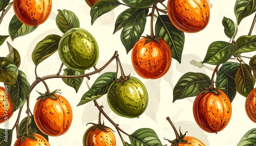 Fresh green and red tomatoes on vine with leaves.
