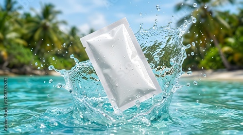 White Sachet Dropping into Tropical Ocean Splash