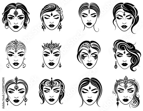 Vector illustration collection of diverse hairstyles for women.