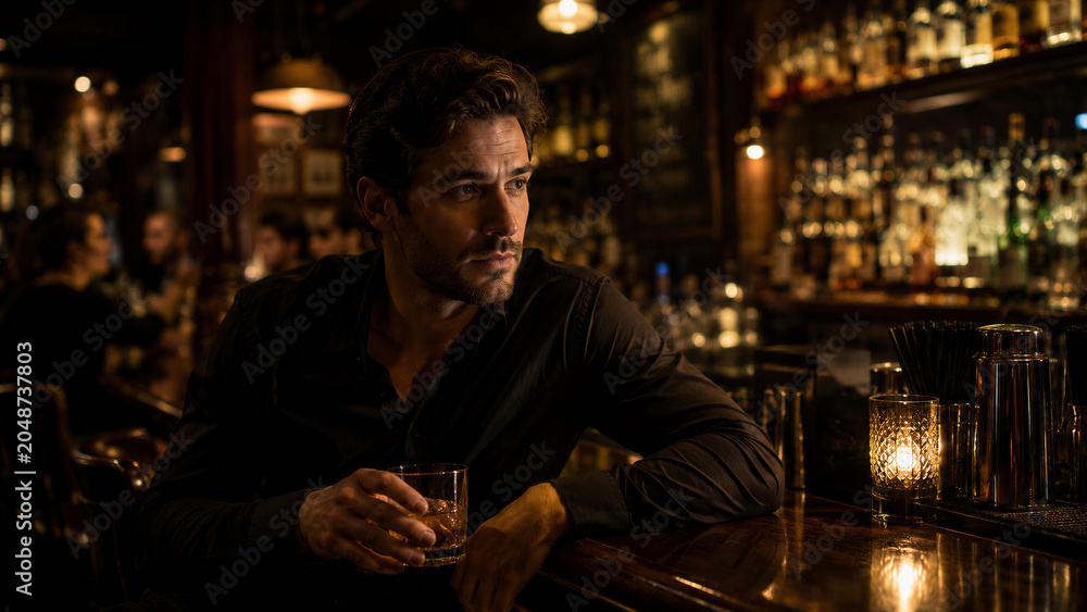 Fototapeta premium Man sipping whiskey at dimly lit bar counter in evening