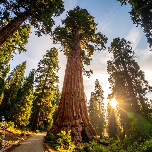 Majestic tall pine tree in golden sunlight forest.