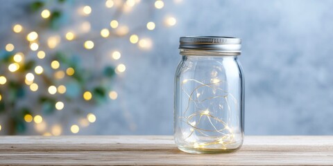 vintage jar with fairy lights on a wooden table against a blurred background of a light garland