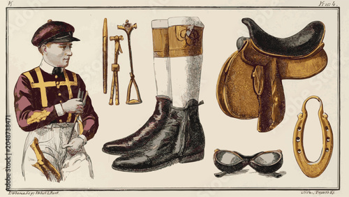 Fotografía Generated on Vintage horse race elements with jockey and derby equipment on whit