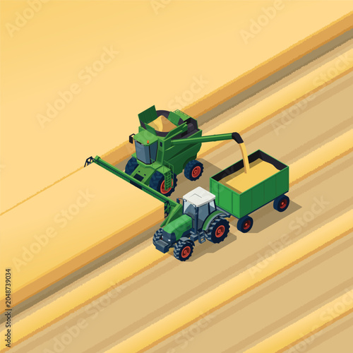 Combine harvester harvesting and transferring harvest into a tractor