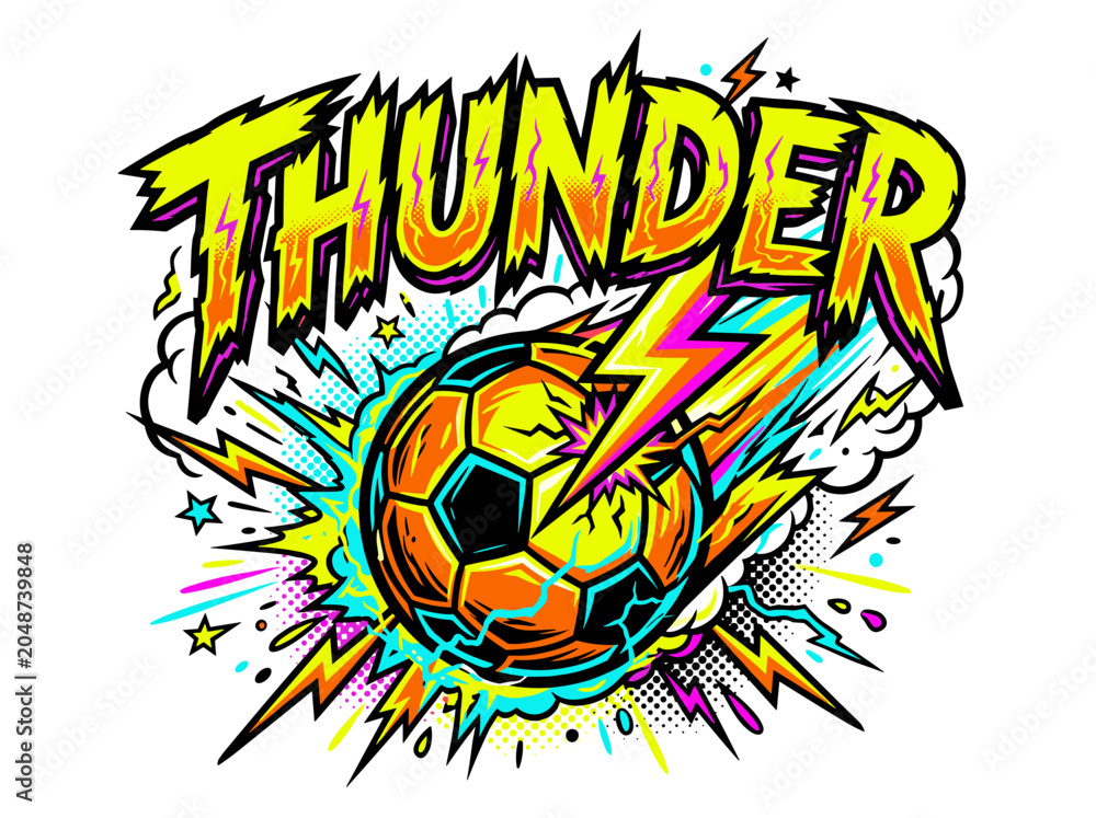 Fototapeta premium Dynamic soccer ball exploding with lightning and text