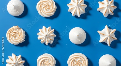 Assorted Homemade Meringue Cookies Arranged in a Pattern on a Vibrant Blue Background Surface