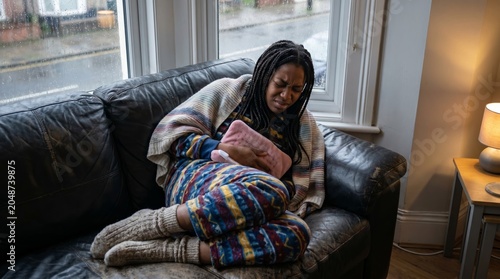 Exhausted woman curled up on a black leather sofa, clutching a pink hot water bottle to her stomach to relieve menstrual cramps.
