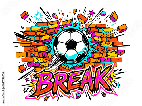Soccer ball breaking through a colorful brick wall