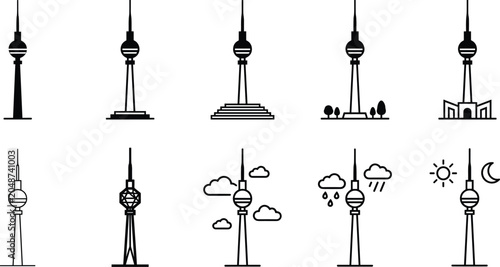 Berlin TV Tower Icon Set in Minimal Line Art Style for Travel and Architecture DesignBerlin TV Tower Icon Set in Minimal Line Art Style for Travel and Architecture Design