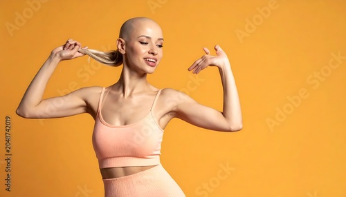 Woman in orange dress performing yoga pose outdoors.