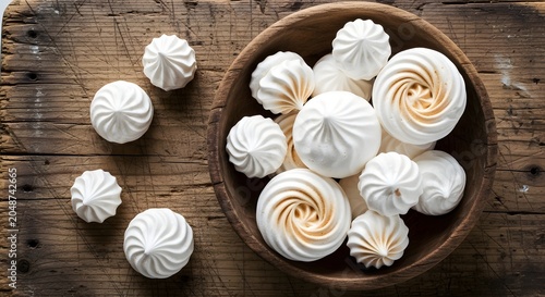 Fresh White Sweet Meringue Cookies Arranged in a Rustic Wooden Bowl on a Textured Distressed Tabletop Surface for Gourmet Dessert Presentation