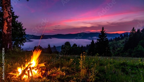 Serene lakeside sunset with campfire glow.