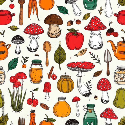 Flat lay of colorful autumn kitchen utensils and produce.