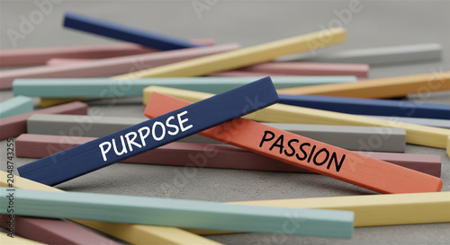 Purpose and Passion text on colorful wooden sticks, conceptual career and motivation blocks, business goal and inspiration concept
