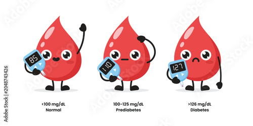Foto Blood sugar levels with cute blood drop characters holding glucometers